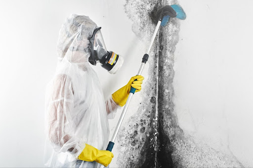 A man in a white protective suit and yellow gloves cleaning a wall with a mop, removing mold effect.