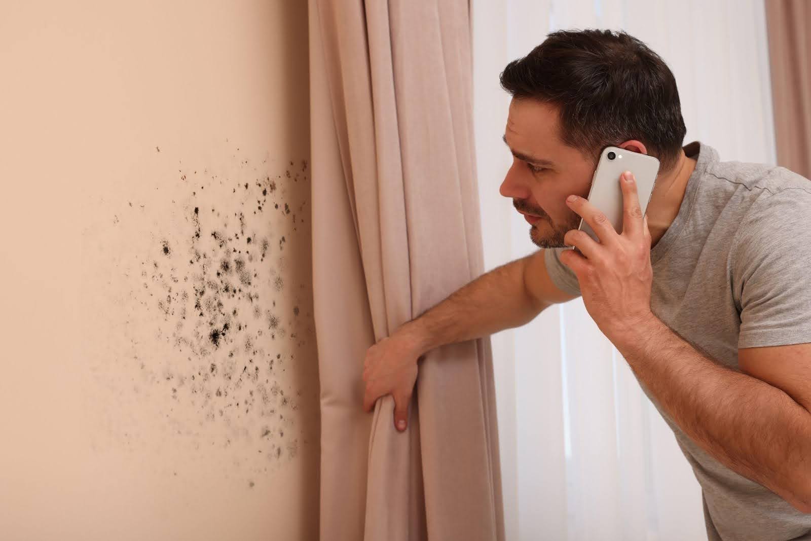 A man on a cell phone stares at a moldy wall, showcasing a neglected space