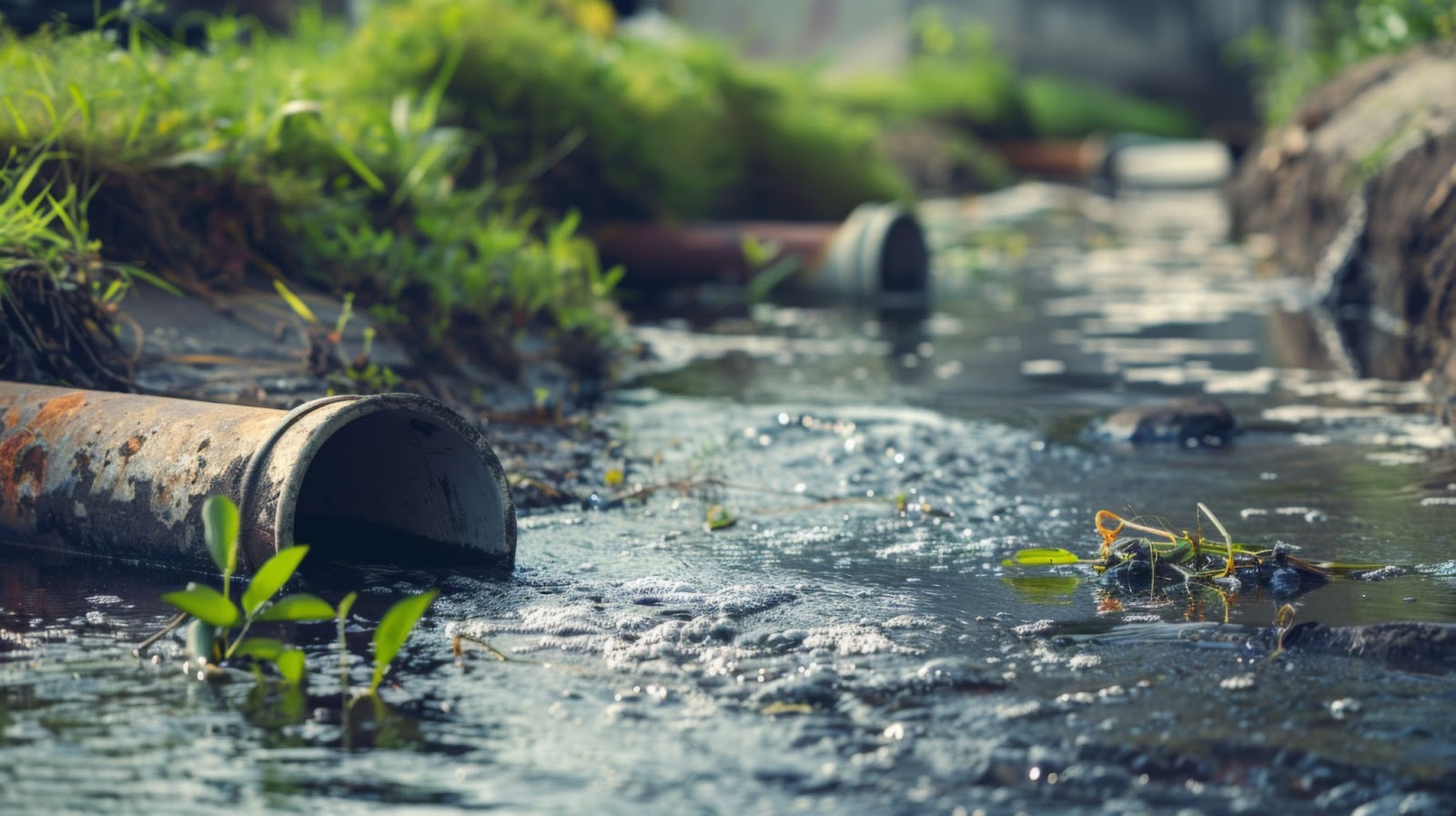 A stream of water flows through a field, highlighting potential sewage damage and risks to nearby homes.