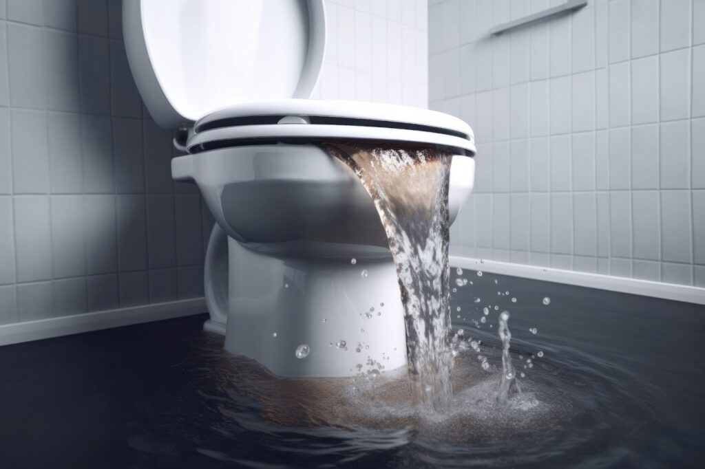 A toilet overflowing with water, indicating potential sewage damage and risks to home safety.