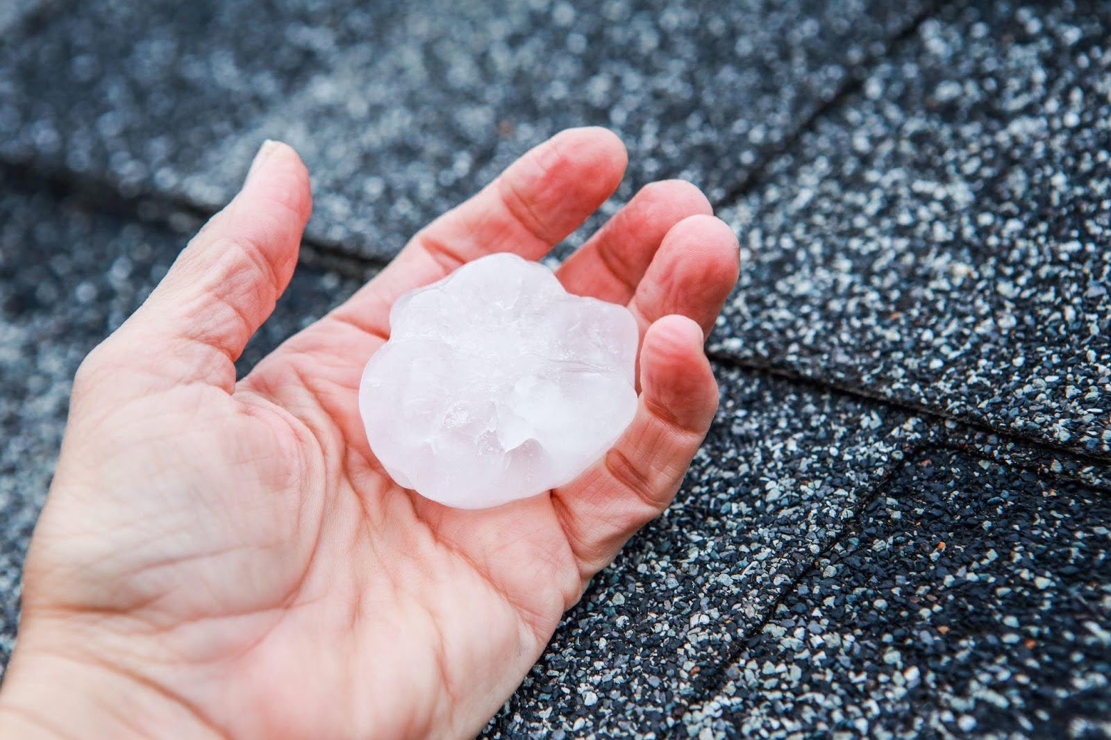 person displays a large hailstone on a roof illustrating the effects of a recent hailstorm