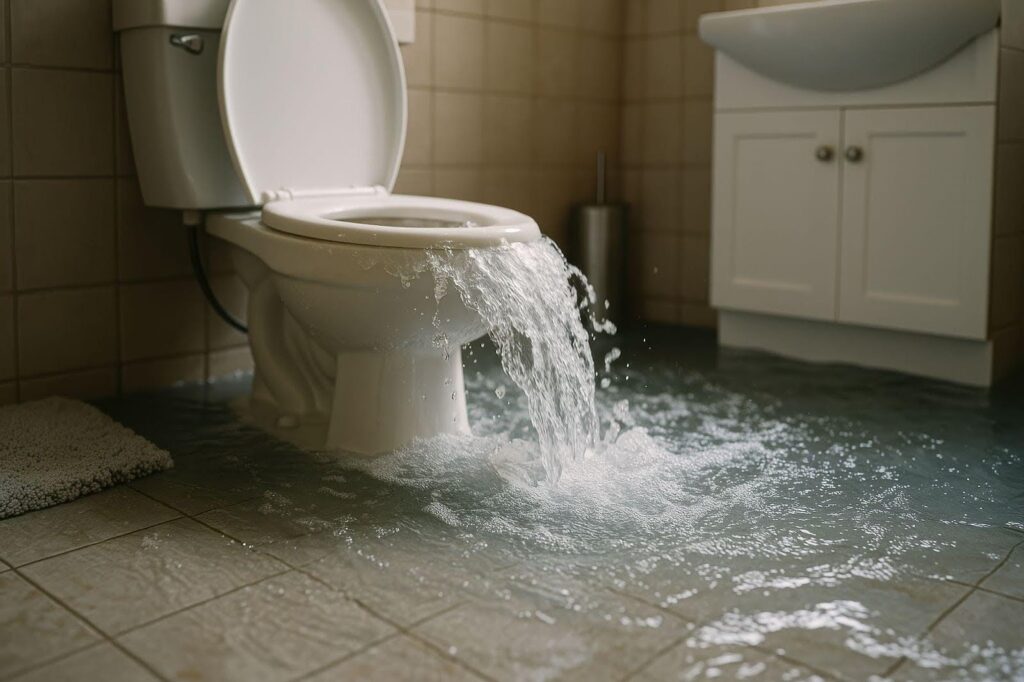A bathroom toilet overflowing with water creating a flooded floor around it