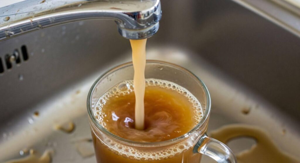 A glass of coffee is being poured into a sink with the liquid cascading down the drain