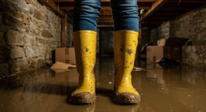 A person in yellow rain boots stands in a flooded basement assessing the extent of the water damage
