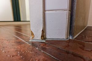 A close-up of water damage at the base of a white door frame on a wet, dark brown tiled floor.