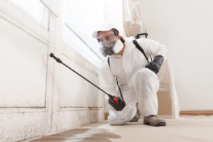 A technician in a white hazmat suit, respirator, and safety goggles uses a sprayer to treat mold or mildew on a baseboard and wall.