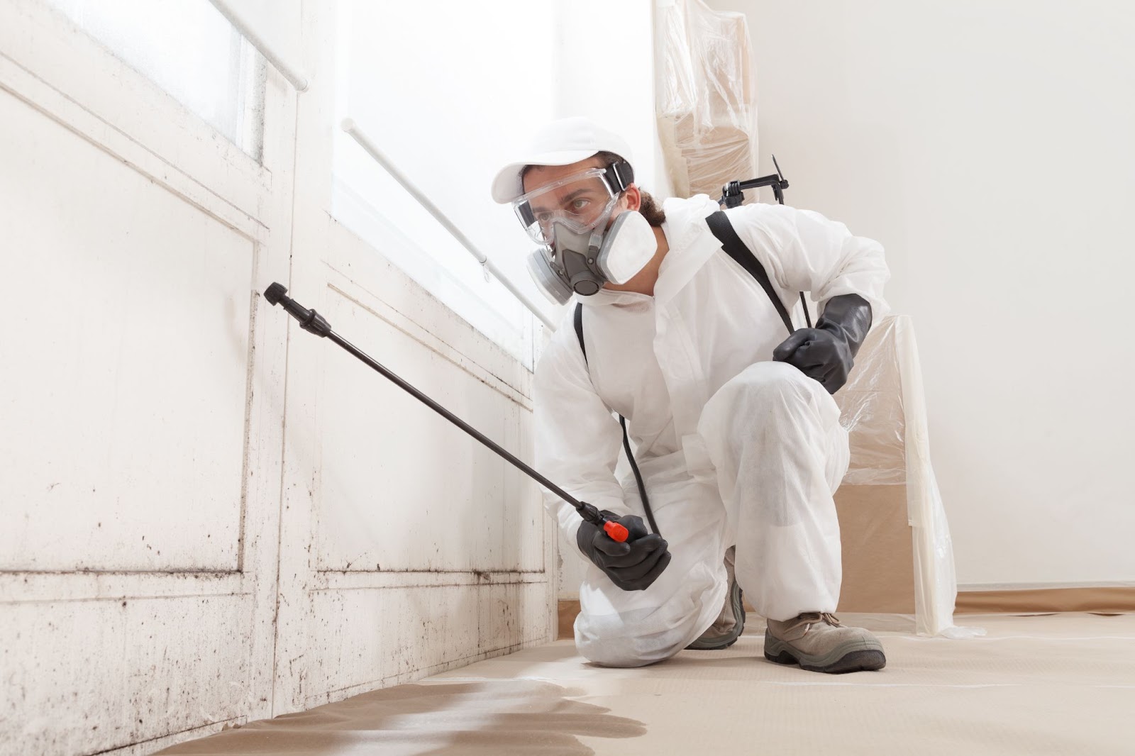 A technician in a white hazmat suit, respirator, and safety goggles uses a sprayer to treat mold or mildew on a baseboard and wall.