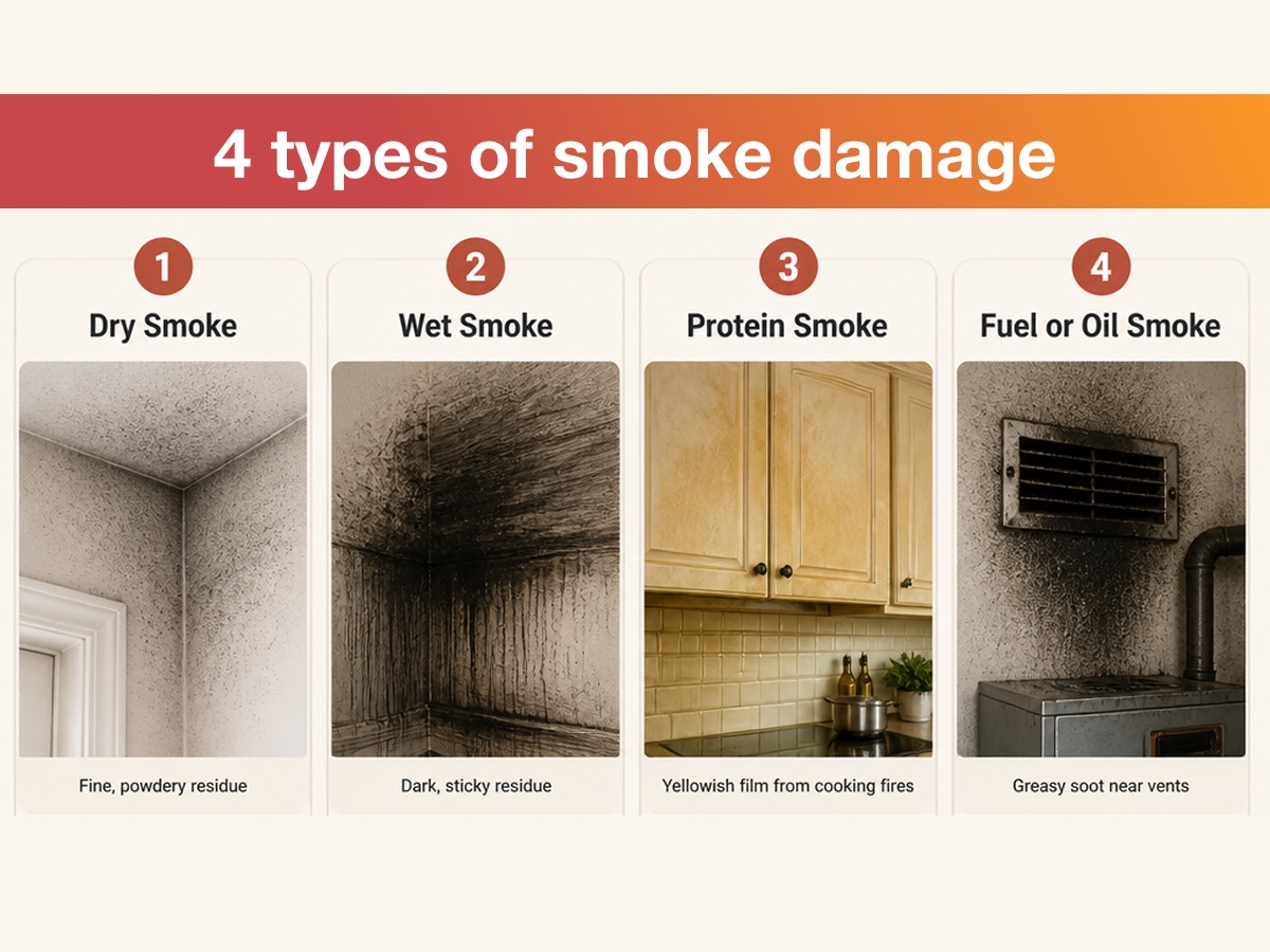 Infographic outlining four types of smoke damage dry smoke, wet smoke, protein smoke, and fuel or oil smoke.
