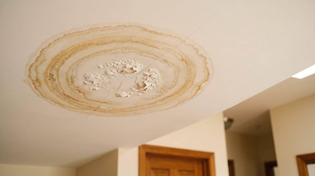 A damaged ceiling with visible water stains and mold highlighting concerns about leaks and indoor air quality