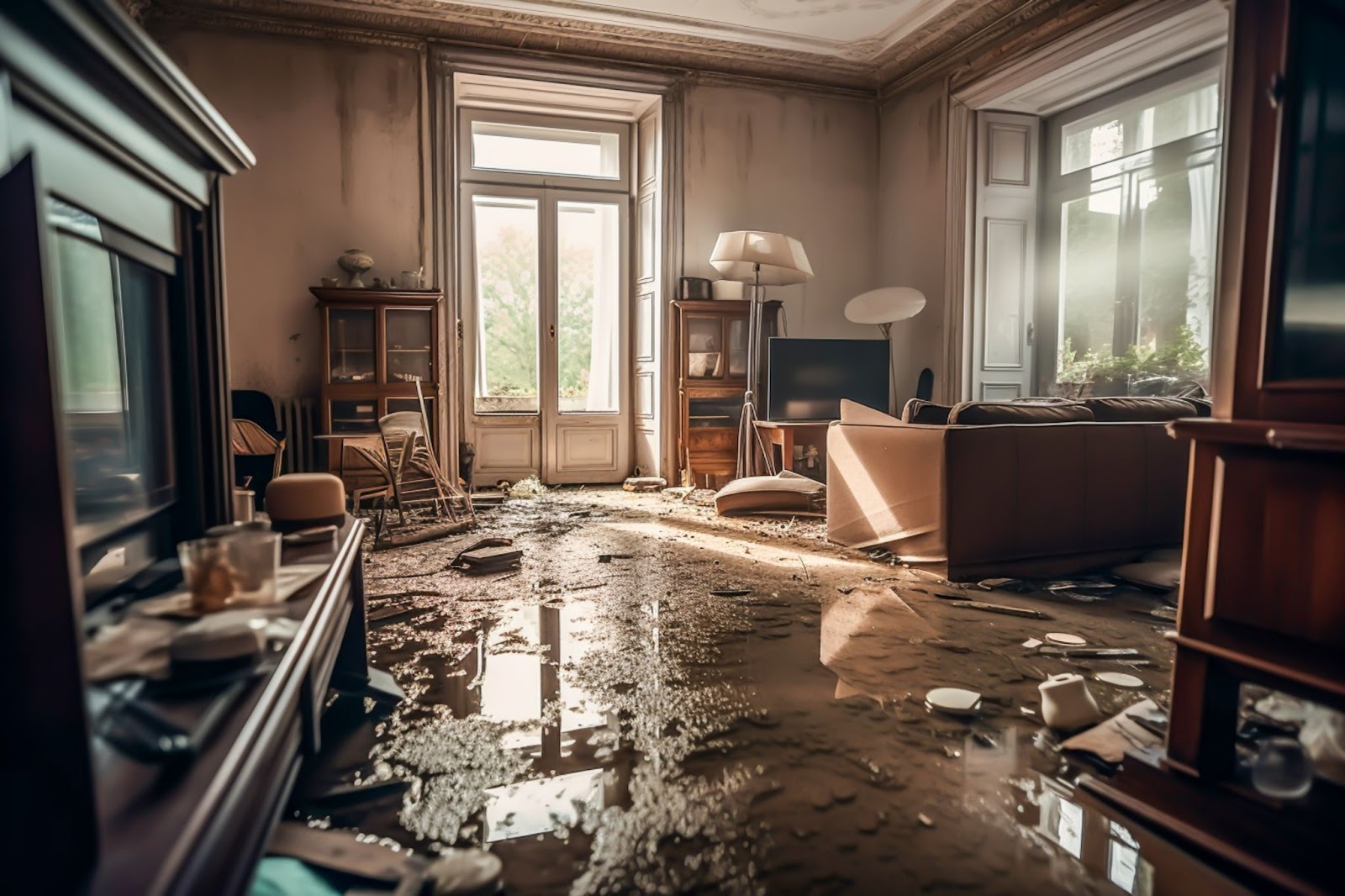 A flooded living room with furniture and a couch during the restoration process after a home flood
