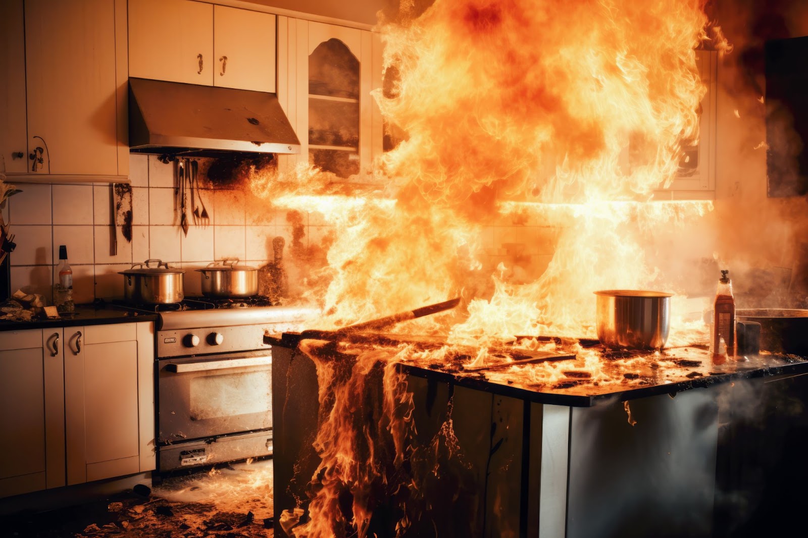 A kitchen engulfed in flames and smoke, representing a house fire and the need for fire restoration services