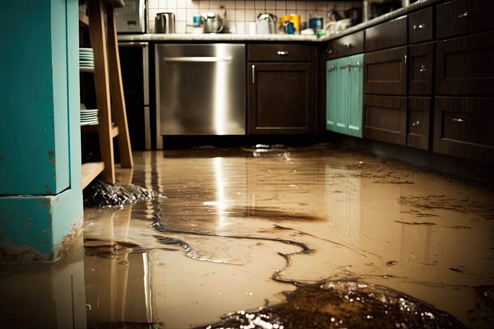 Dirty floor and sink in need of professional water damage restoration