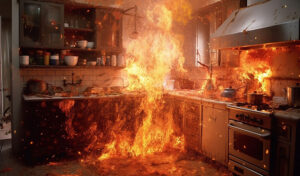 A Kitchen Engulfed In Flames And Smoke, Depicting A House Fire And The Subsequent Need For Fire Restoration And Damage Repair