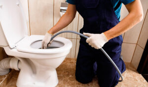 Picture Of A Man Wearing Blue Overalls Diligently Cleaning A Toilet Affected By Sewage Damage