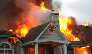 Image Of A House On Fire With Visible Fire Damage. Restoration Work Being Done To Restore The Property