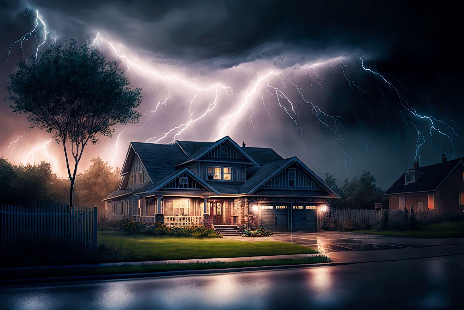 A house with lightning striking from the sky.