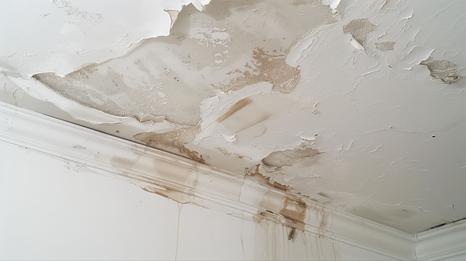 A ceiling displaying significant water damage and mold growth, highlighting the need for restoration and mold remediation efforts.