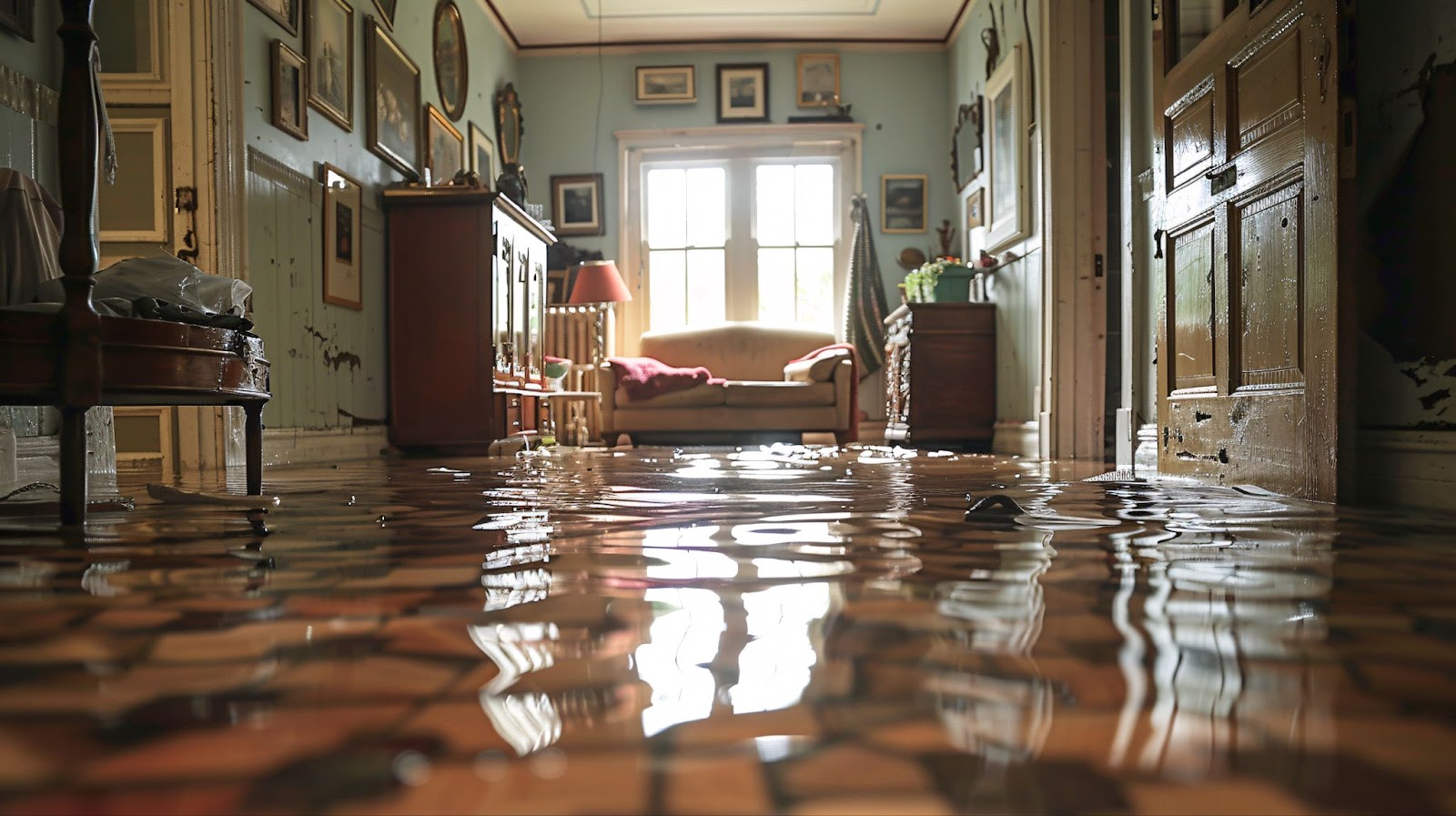 A flooded room featuring a couch and chair, highlighting water damage and potential mold growth, requiring restoration efforts.