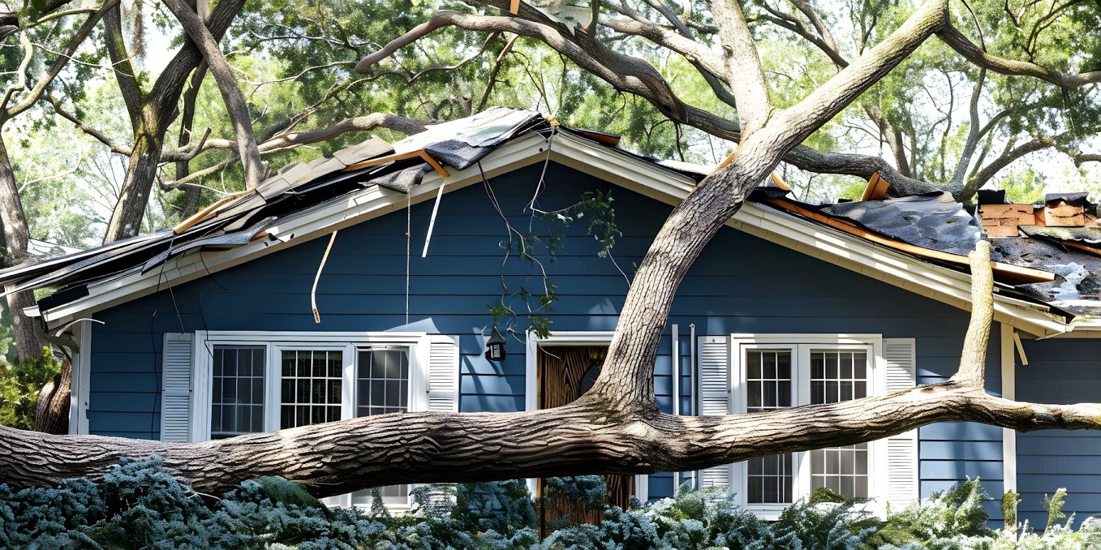 A house with a damaged roof and a tree atop, illustrating the aftermath of storm damage and the need for repair services.