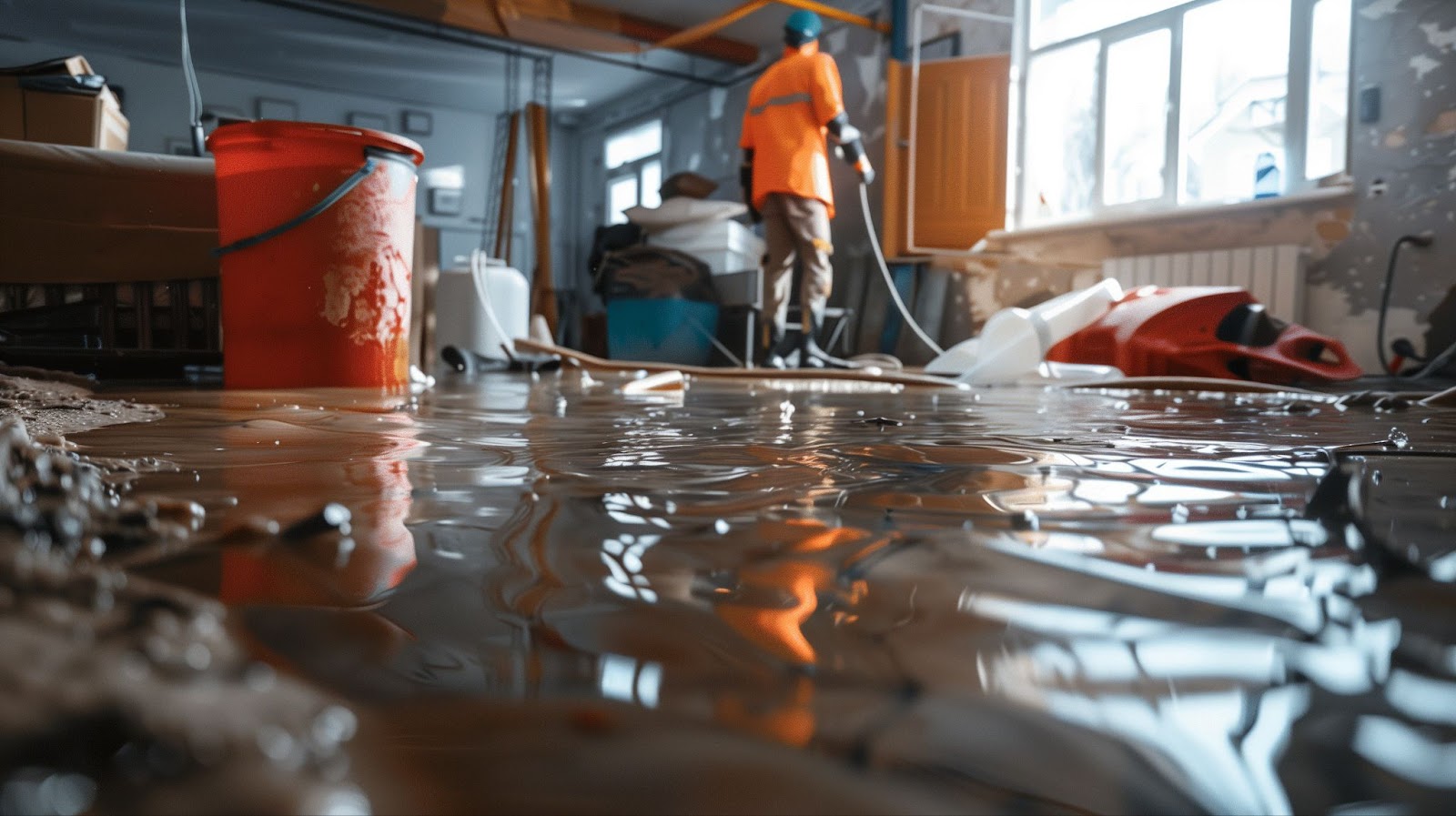 A man in an orange shirt stands in a flooded room, assessing water damage and potential mold growth issues.