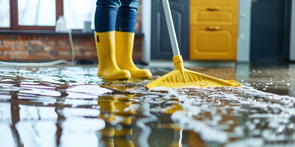 A person in yellow rubber boots stands on a flooded floor, highlighting the need for water damage restoration and mold prevention.