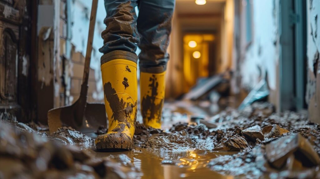 A person in yellow rubber boots walking through a dirty hallway