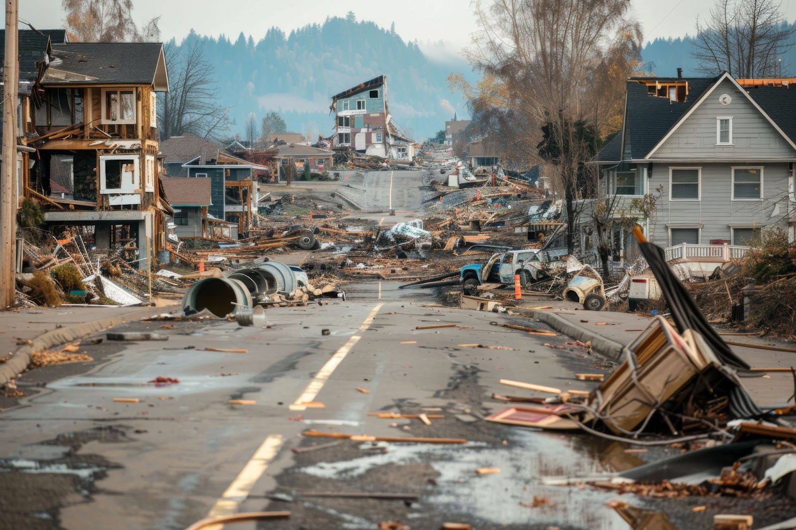 A storm-damaged street with debris on the sides, emphasizing the importance of repair services for water damage restoration.