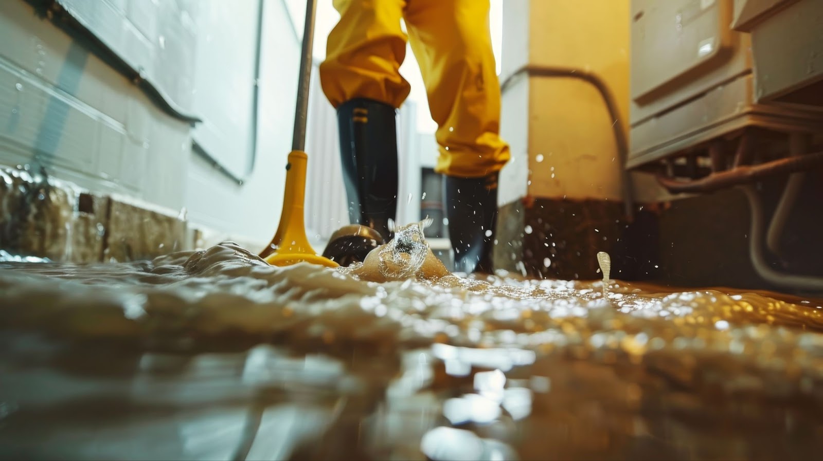 Flooded room with a person wearing yellow rain boots.