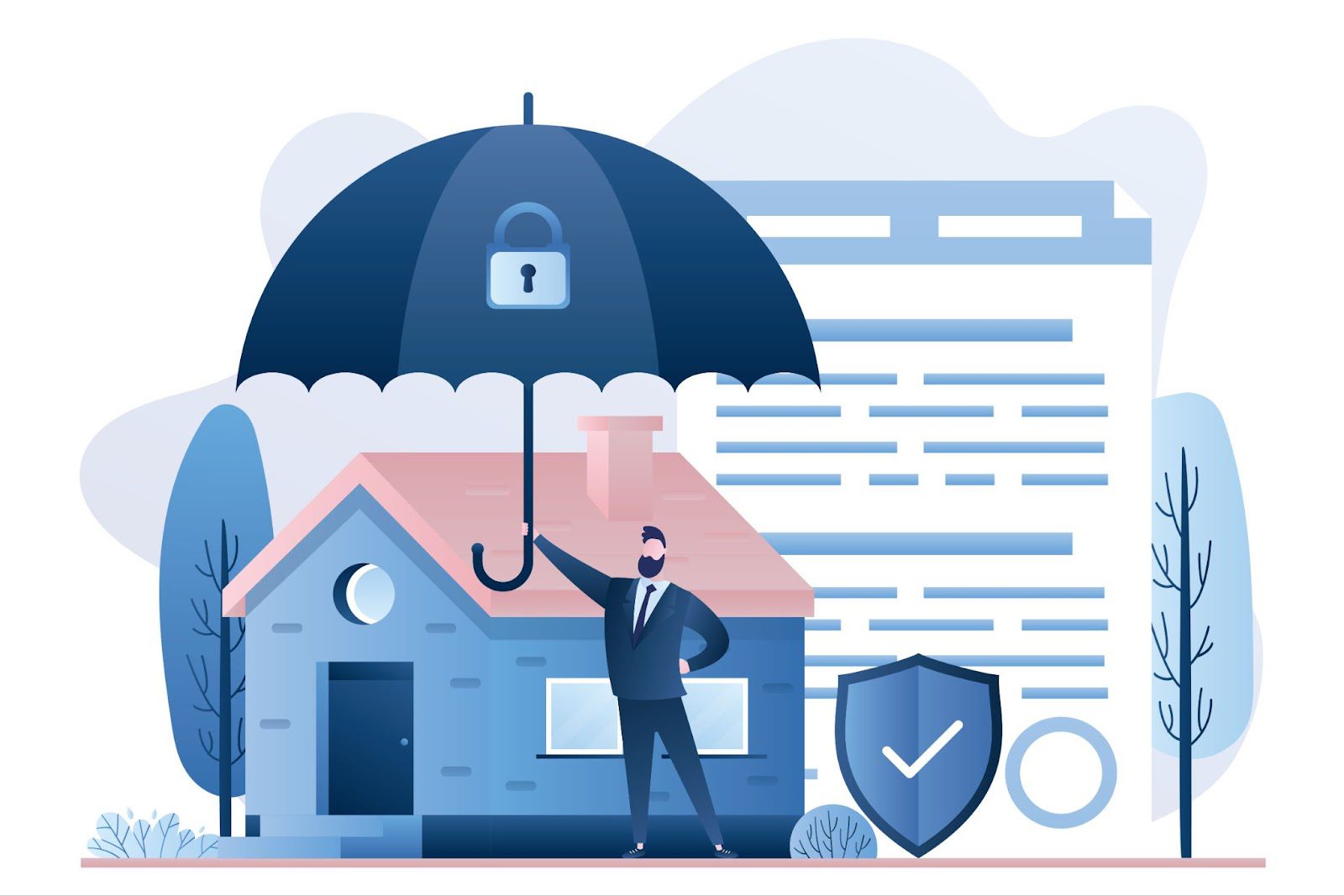 Symbolic image of man protecting house with padlock and check mark under umbrella, representing disaster preparedness.