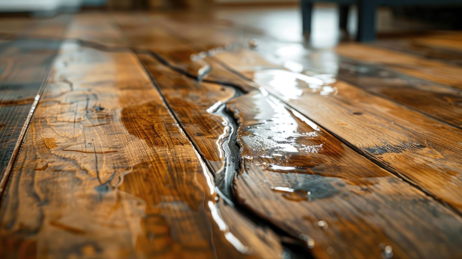 Water flows down a wooden floor, highlighting potential water damage and the risk of mold growth in the home.