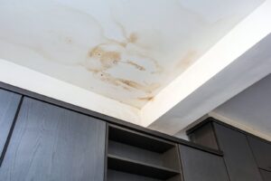 A ceiling displaying mold growth, accompanied by a shelf, indicative of water damage and mildew issues.