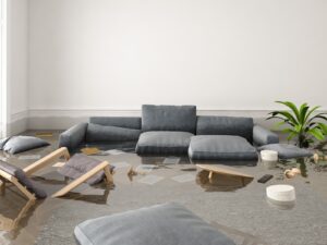 A flooded living room with submerged furniture and vibrant plants, creating a surreal atmosphere