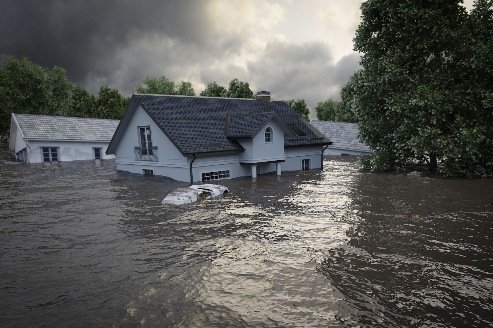 A flooded house with water surrounding a car, highlighting the impact of flood damage and the restoration process needed.