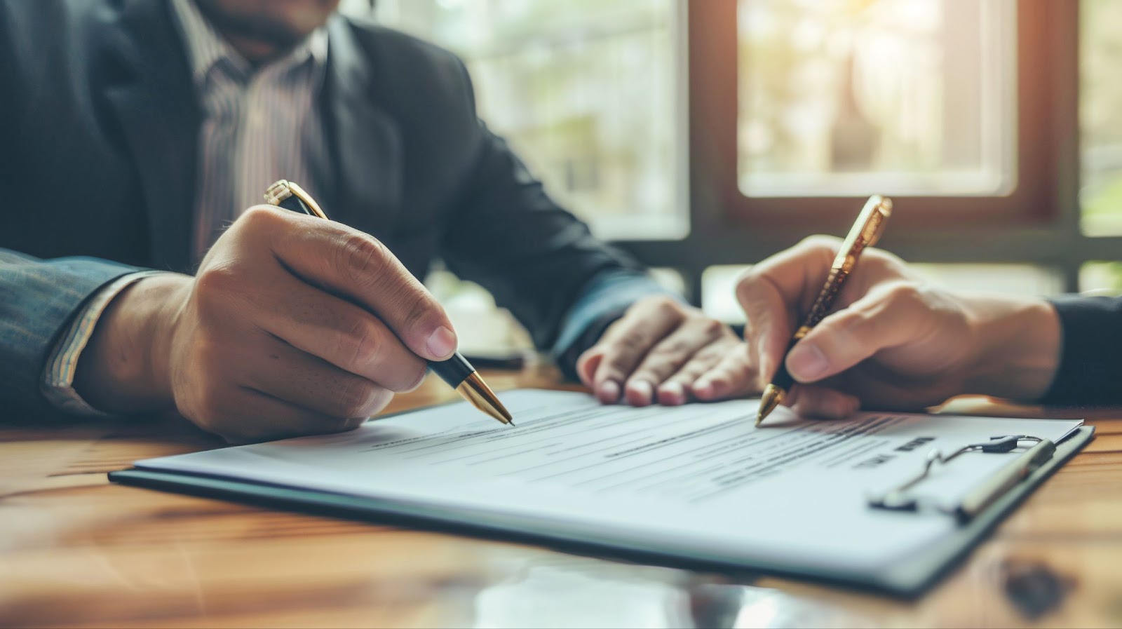 Two business professionals signing a contract at a table, symbolizing a partnership amidst challenges like house fire restoration.