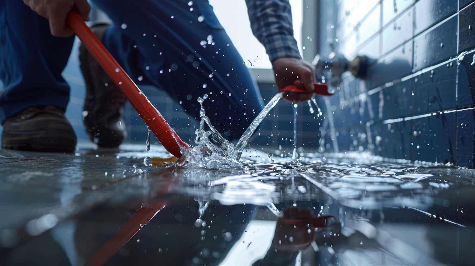 A man cleans a bathroom floor with a hose, showcasing flood restoration and cleanup services in action.