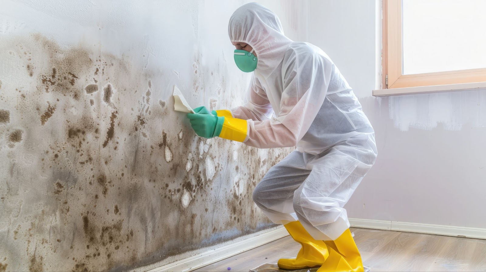 A man in a white suit and yellow gloves cleans mold from a wall, showcasing professional mold remediation techniques.