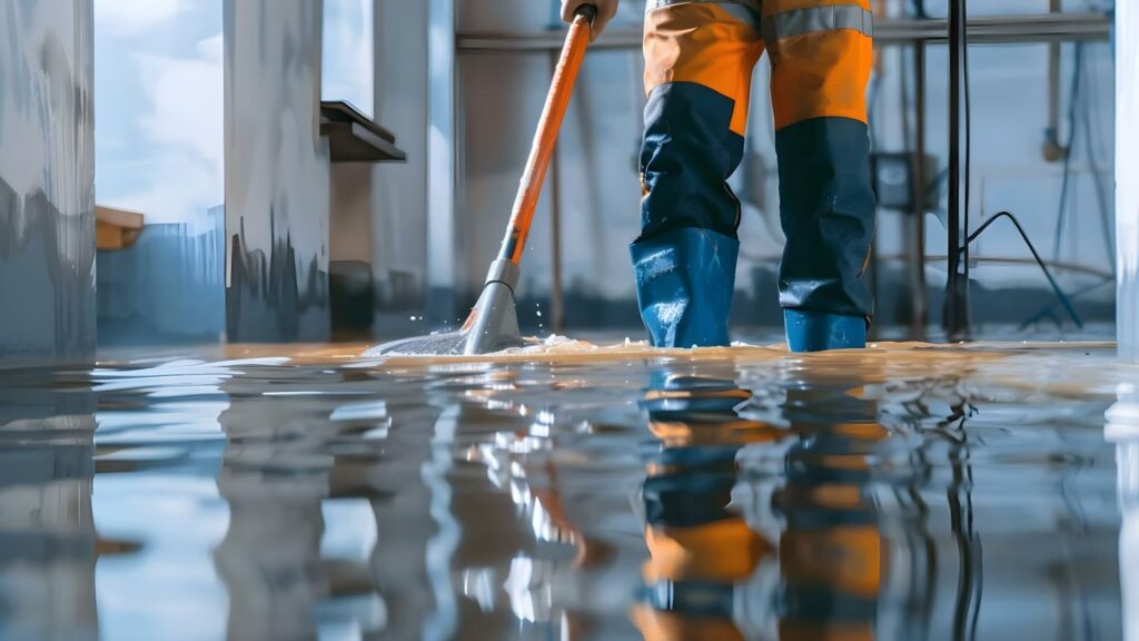 A man in orange and blue work attire stands in a flooded room, ready to assist with flood restoration and cleanup services.