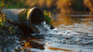 A pipe discharges water into a river, illustrating the movement of water from one body to another