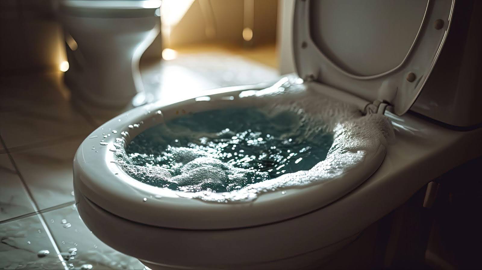 A toilet exhibiting a malfunction, with water spilling out of the bowl and onto the surrounding area