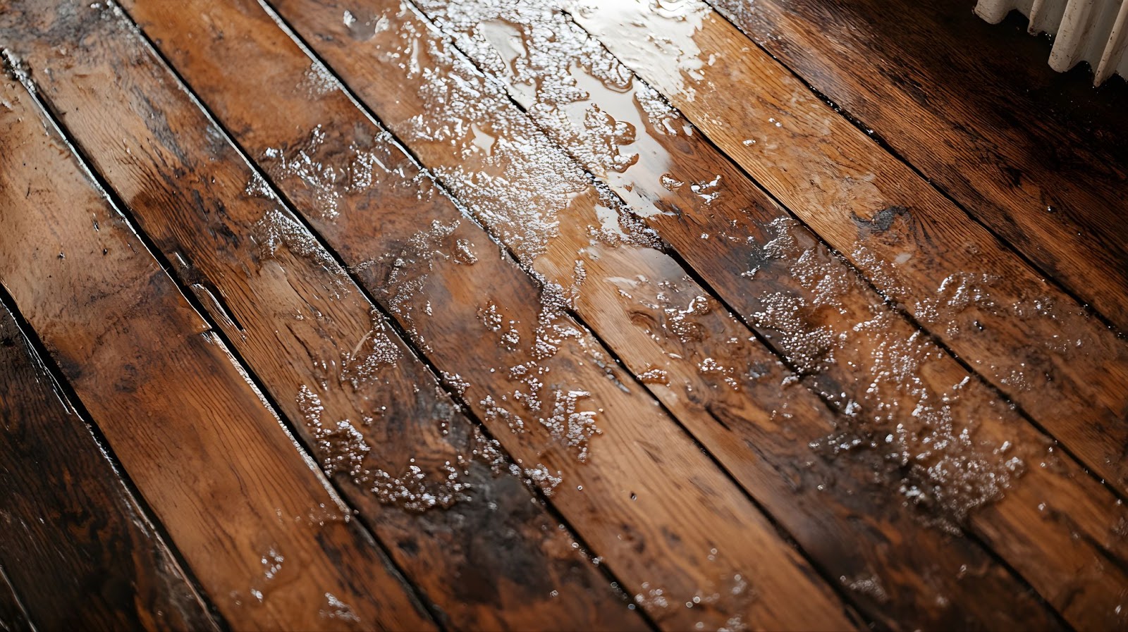 A wooden floor covered with water, highlighting the need for flood restoration and damage repair services.