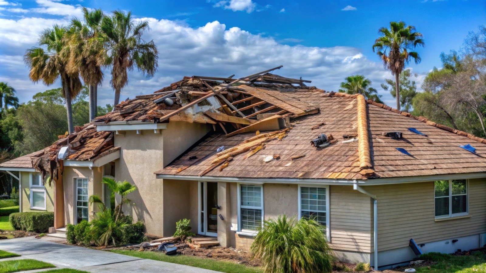 A damaged roof on a house with palm trees, emphasizing the importance of storm damage repair and insurance claims.