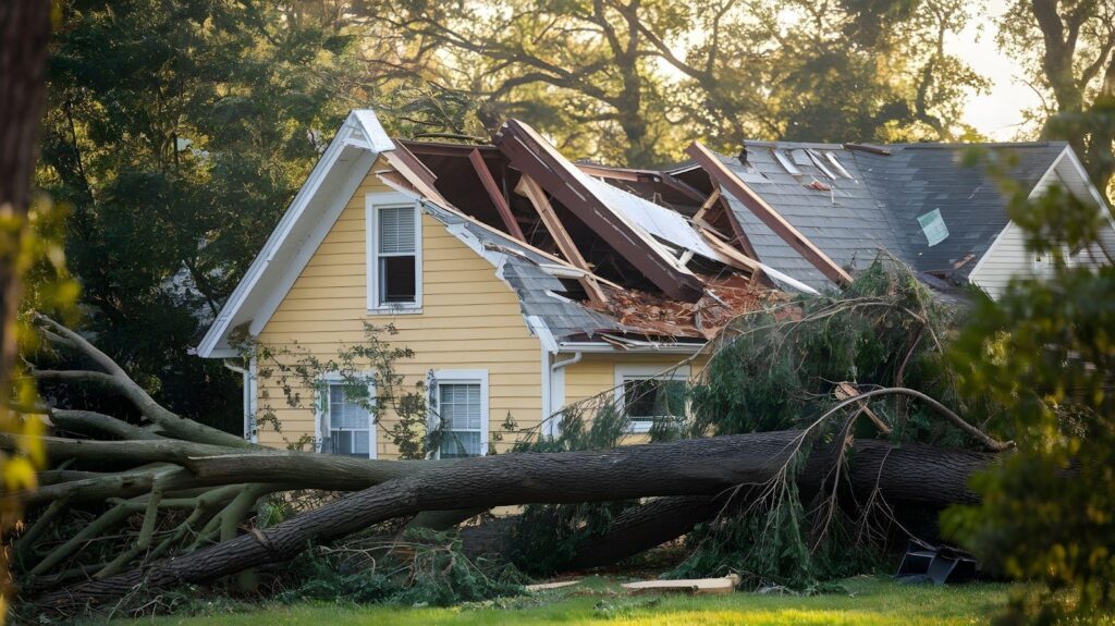 A house is visible with a fallen tree obstructing the view, highlighting the impact of nature on the property