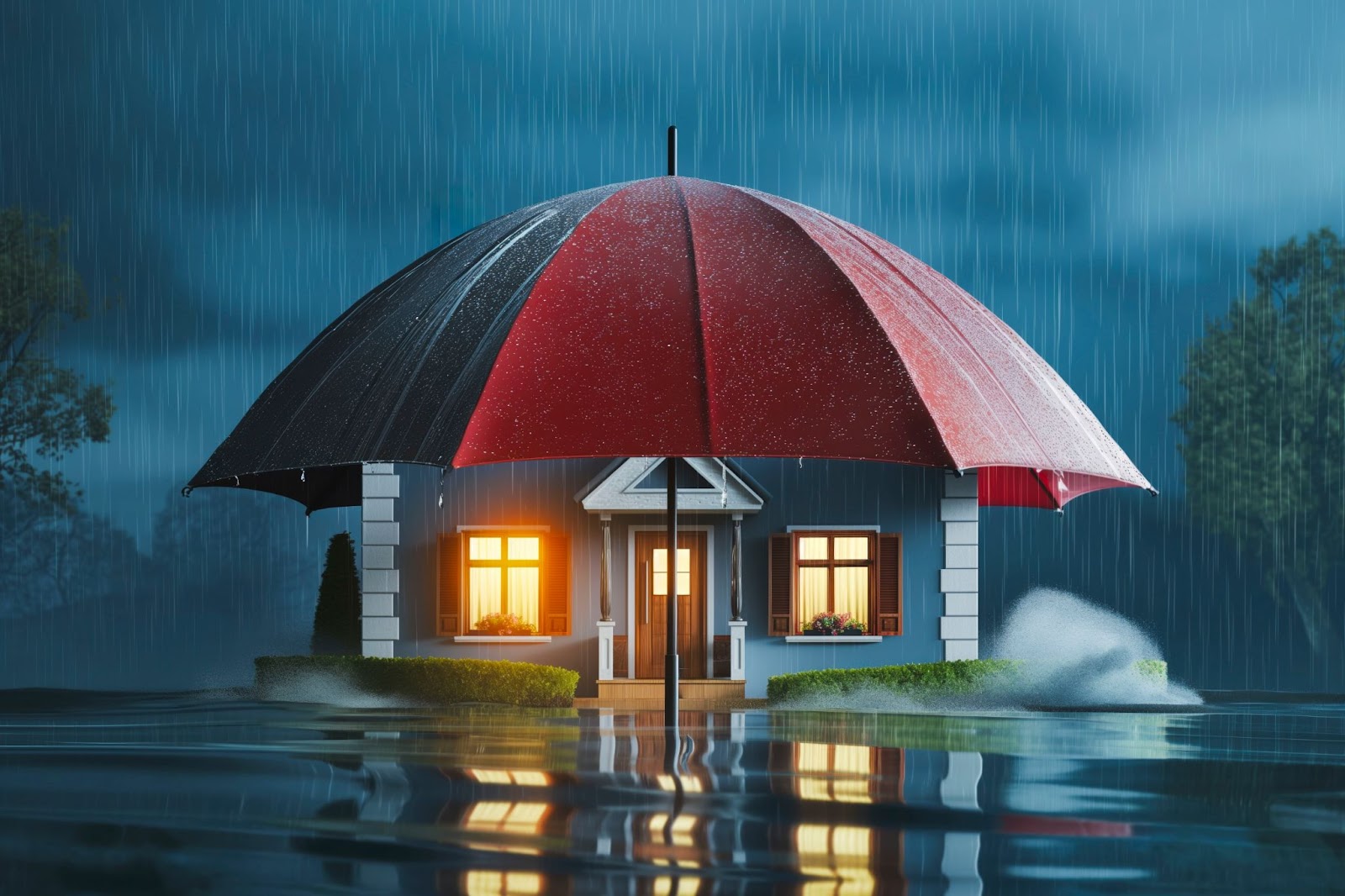 A house sheltered by an umbrella in the rain, symbolizing protection during storm damage and insurance claims.