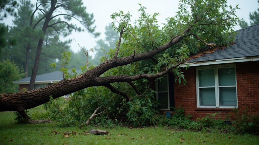 A large tree leans precariously over a house, casting a shadow on the roof and surrounding area