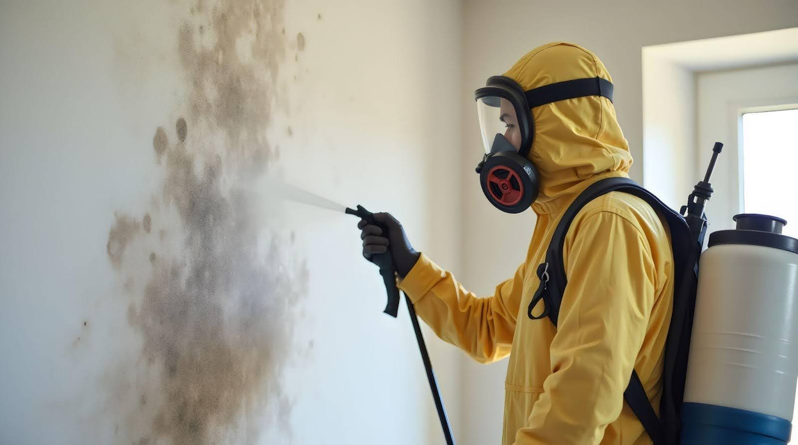 A man in a yellow suit applies mold spray to a wall, demonstrating a cleaning or restoration process