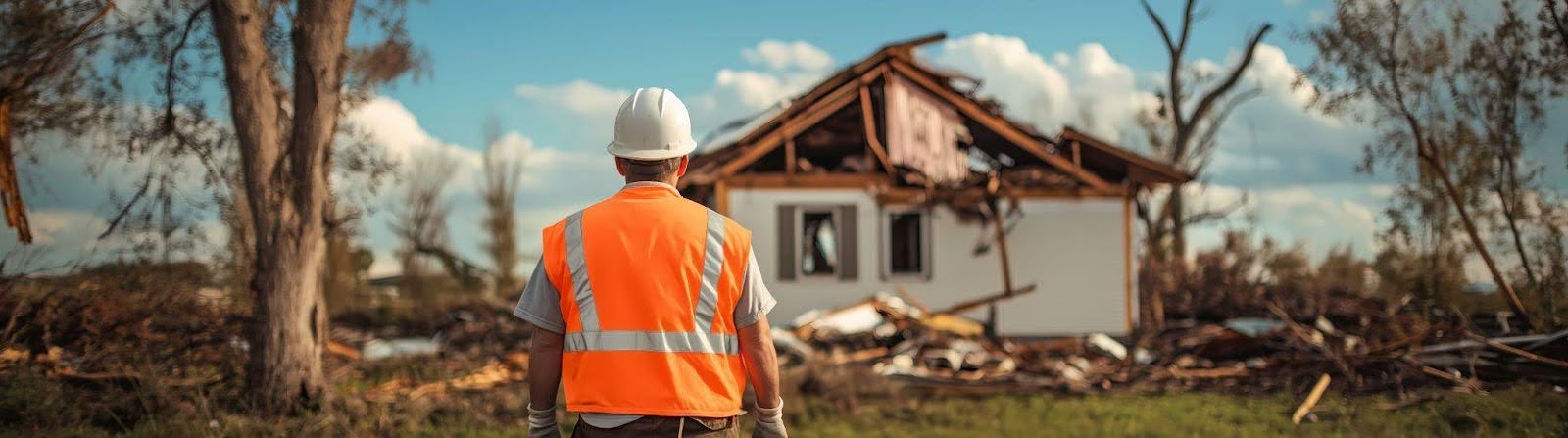 A man in an orange vest and hard hat assesses the destruction of a demolished house