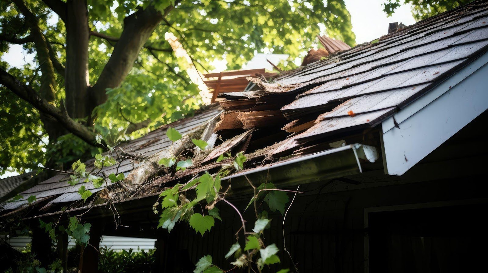 A roof showing tree damage, with displaced shingles and branch remnants