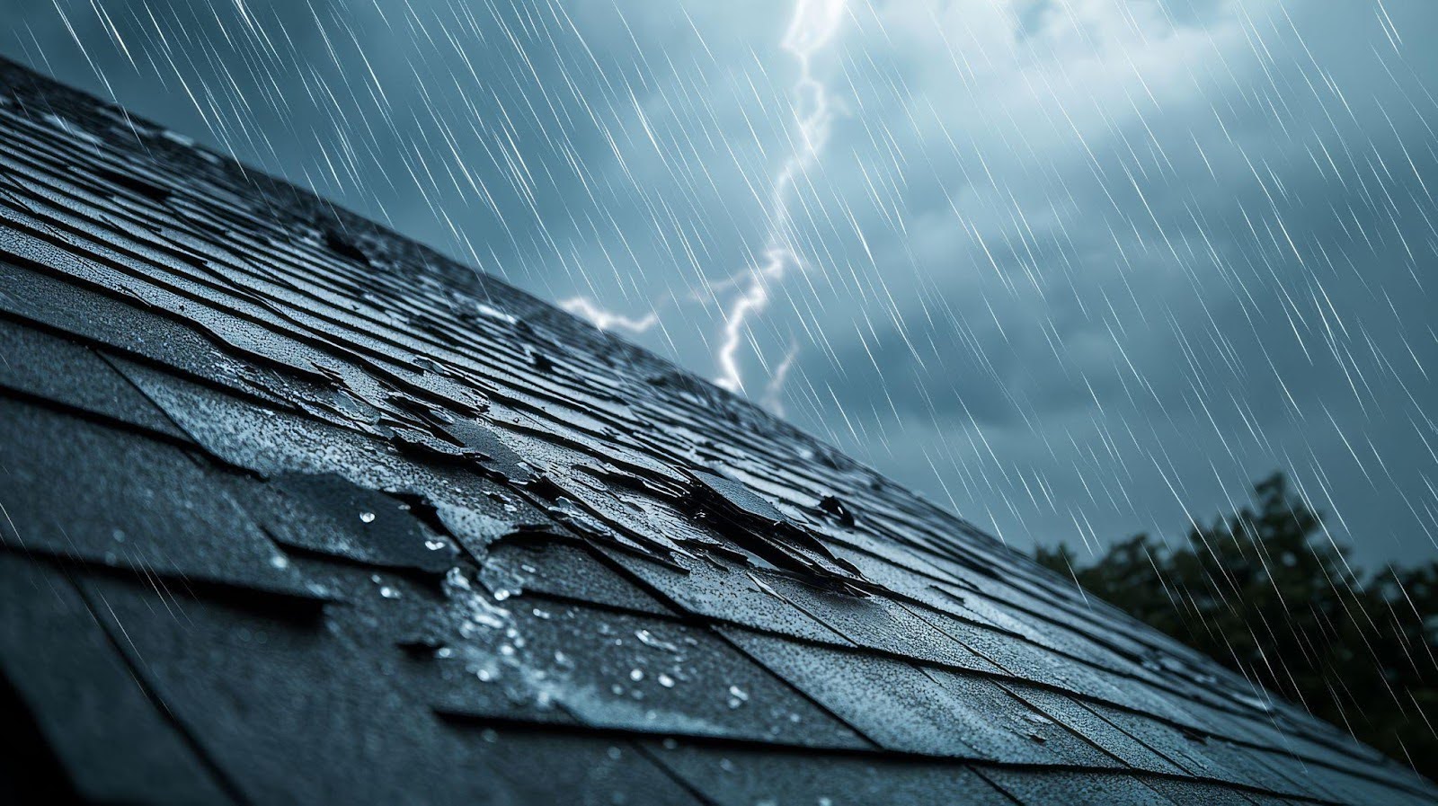 A stormy sky filled with dark clouds, lightning striking, and rain pouring down onto a rooftop