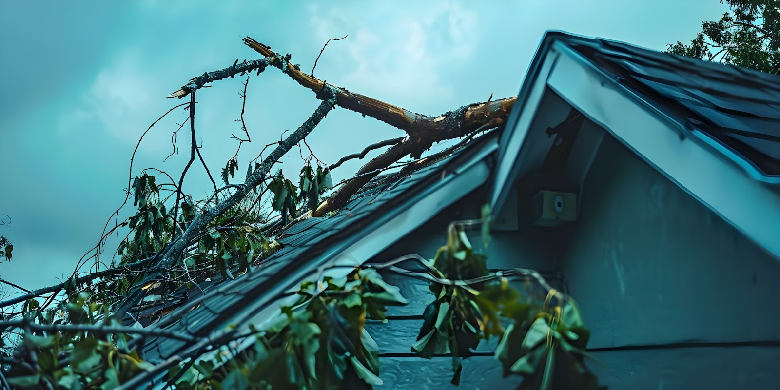 A tree leans against a house roof, highlighting the need for storm damage repair services and insurance claims.