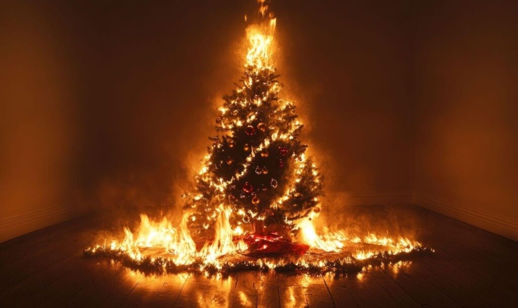 A Christmas tree engulfed in flames, illuminating a room with a bright, dangerous glow